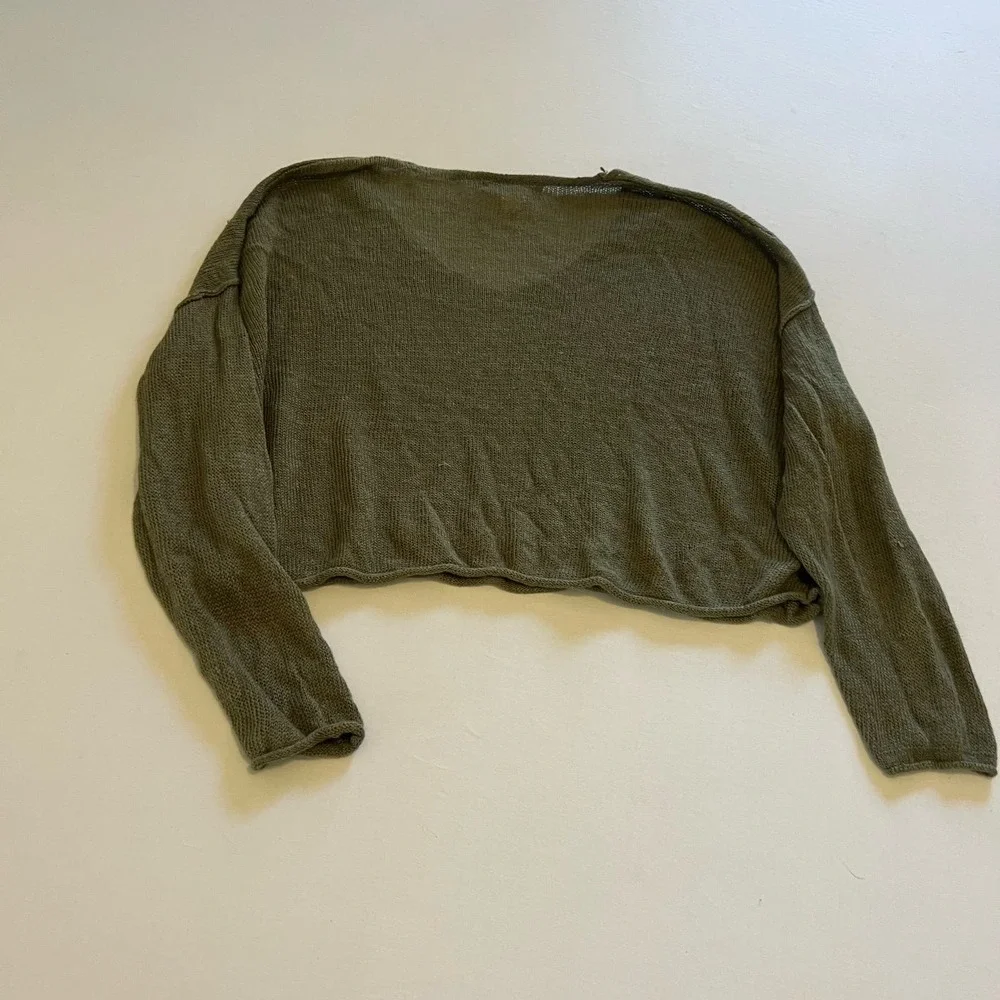 L.O.G.G. by H&M linen blend green cropped casual long sleeve top Sd - Picture 8 of 9